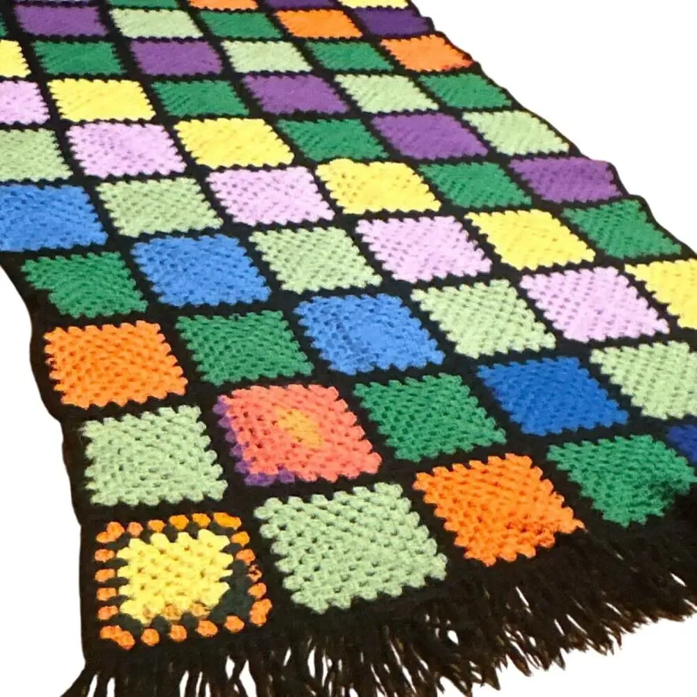 VTG Handmade Afghan Throw Blanket Roseanne Boho Fringe Black 73x35 OOAK Hippie